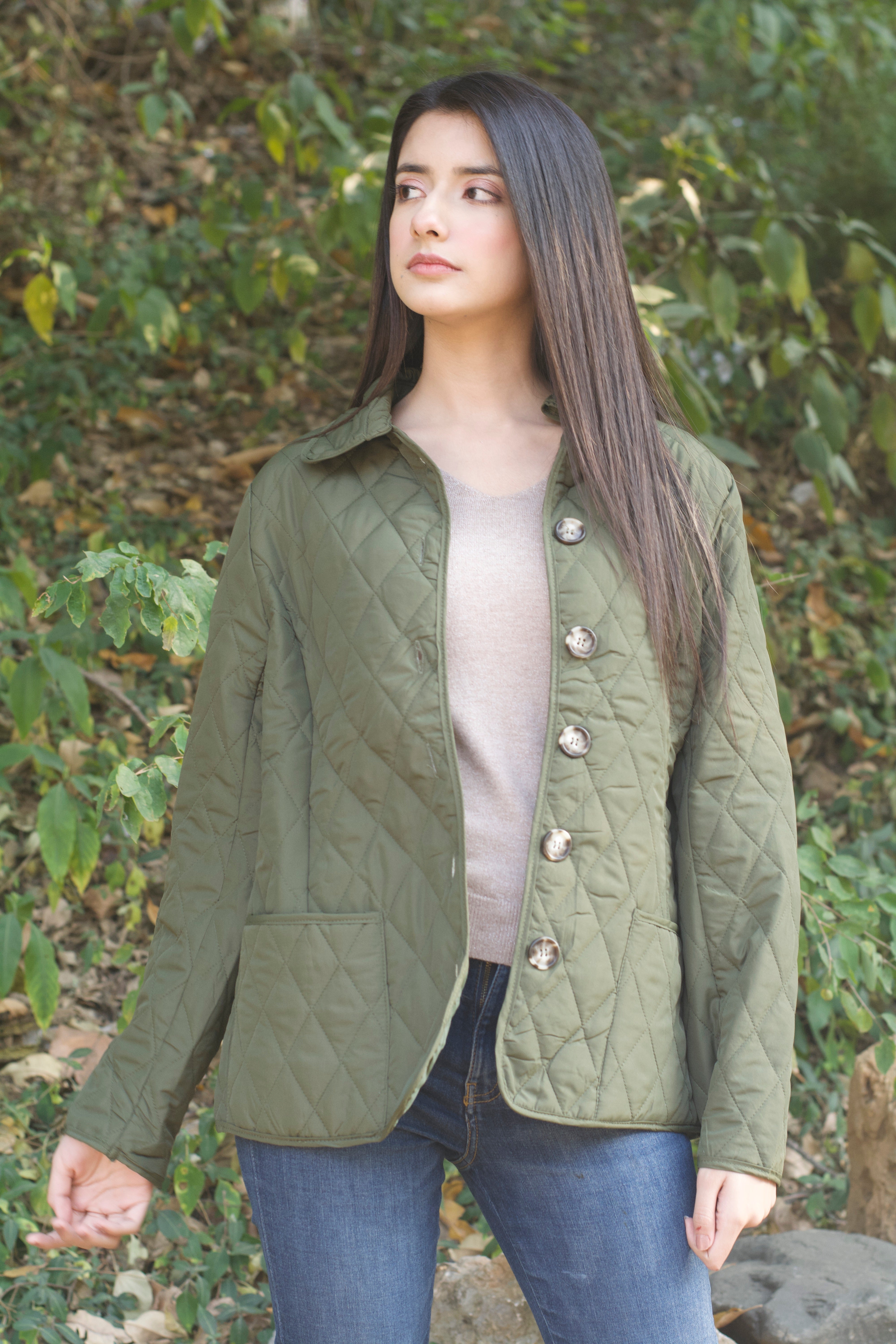 Army Green Mid Length Padded Jacket