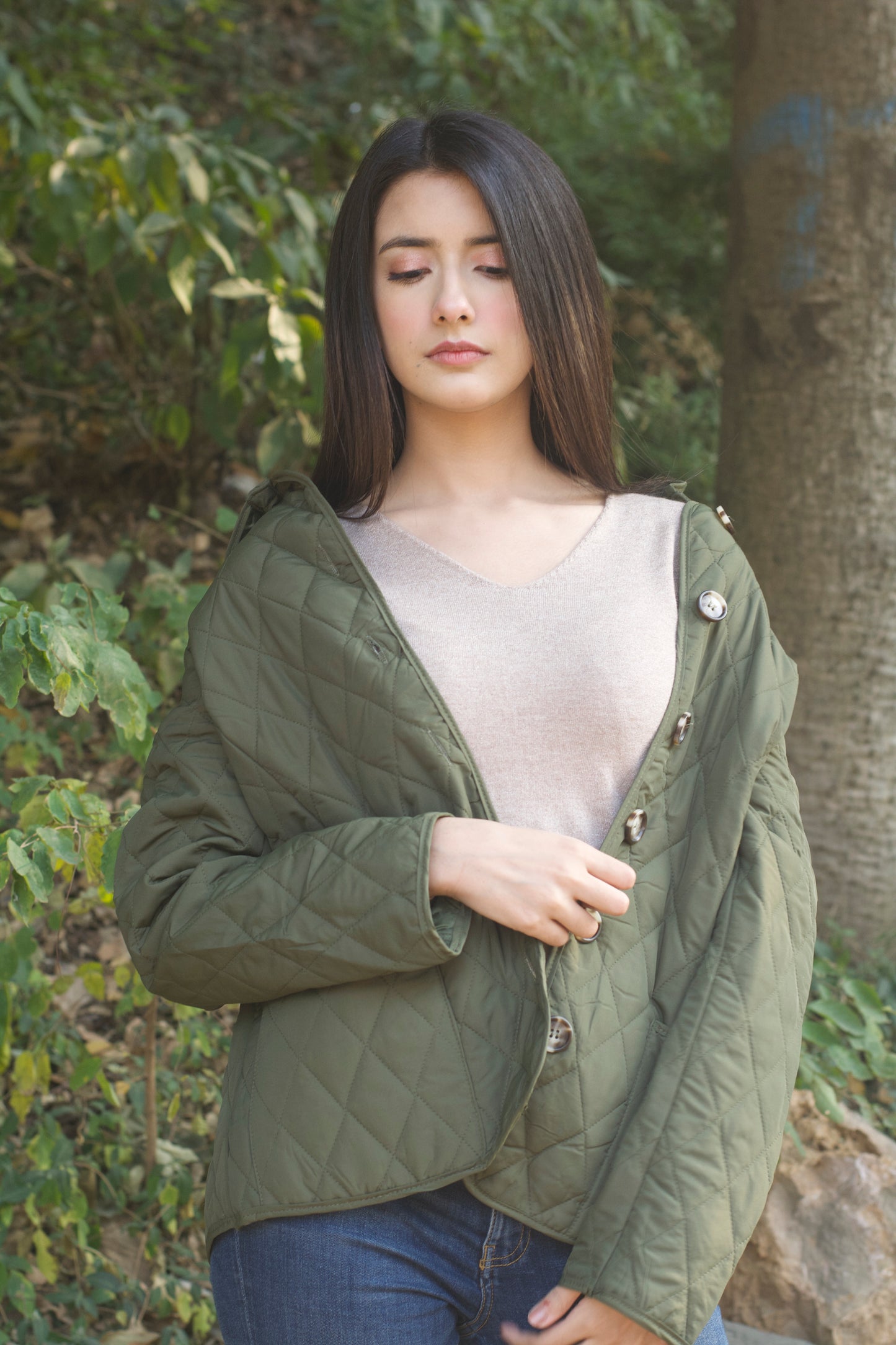 Army Green Mid Length Padded Jacket